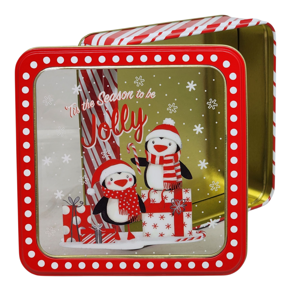Square Cookie Tin with Window - Tis the Season to be Jolly Penguins