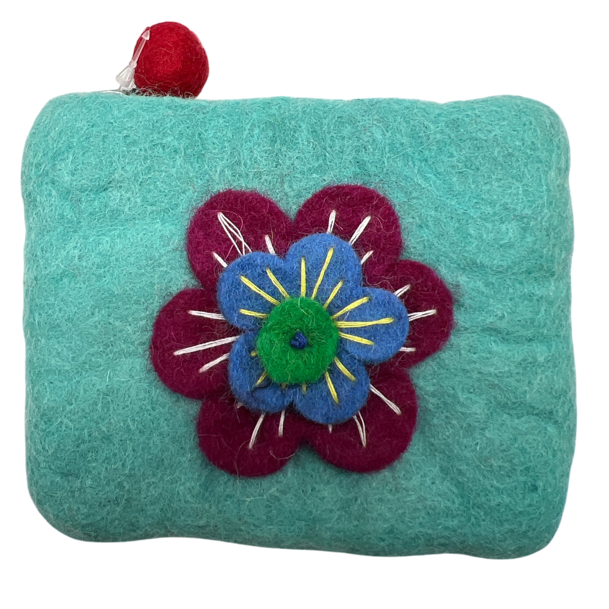 Felt Wool  Teal Coin Purse with Flower Applique