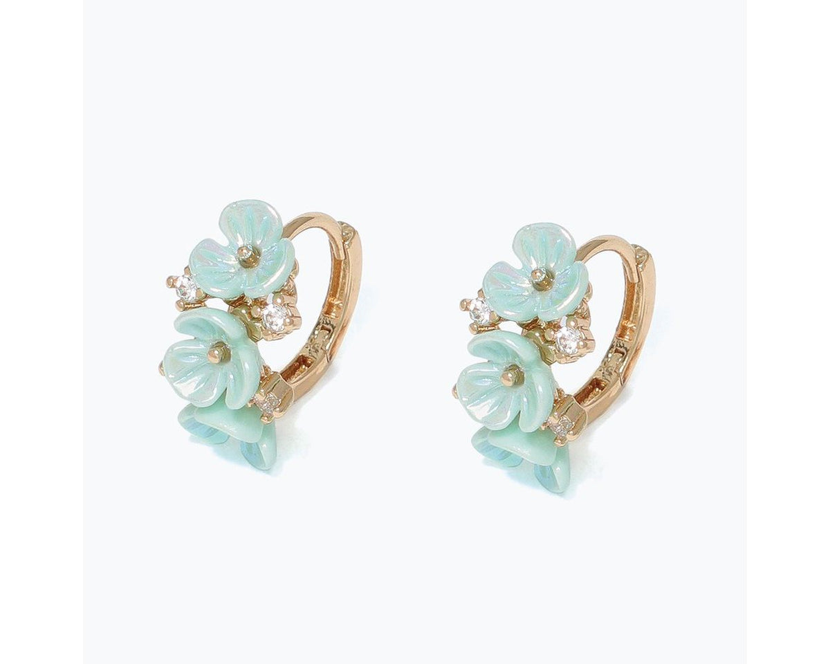Mint Blossom Hoop Earrings with Crystal Accents