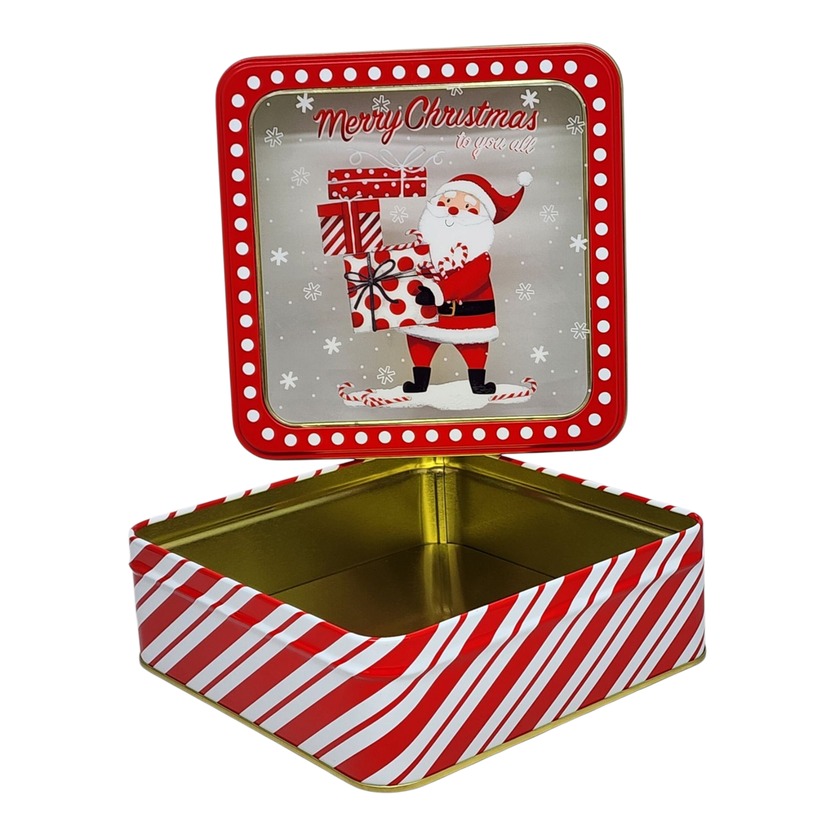 Square Cookie Tin with Window - Merry Christmas Santa with Gifts