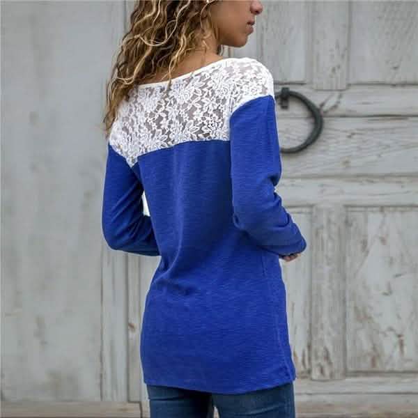 Women Round Neck Sexy Lace Casual Long-Sleeved Top
