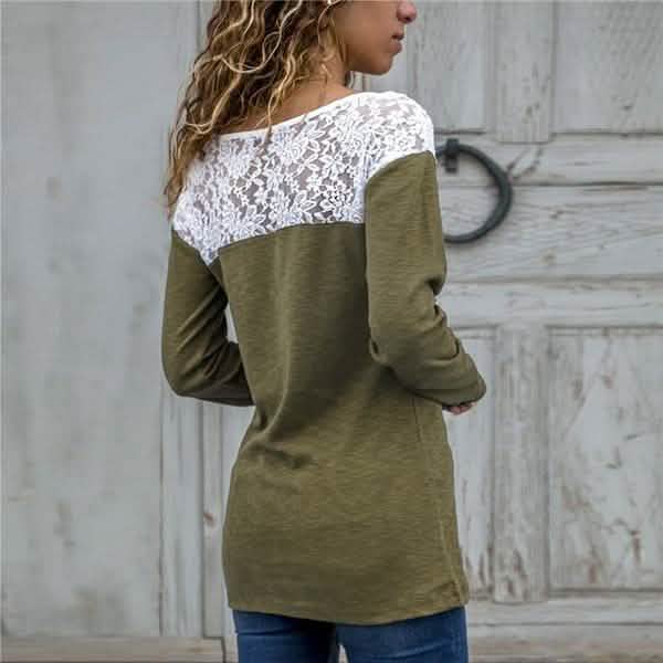 Women Round Neck Sexy Lace Casual Long-Sleeved Top