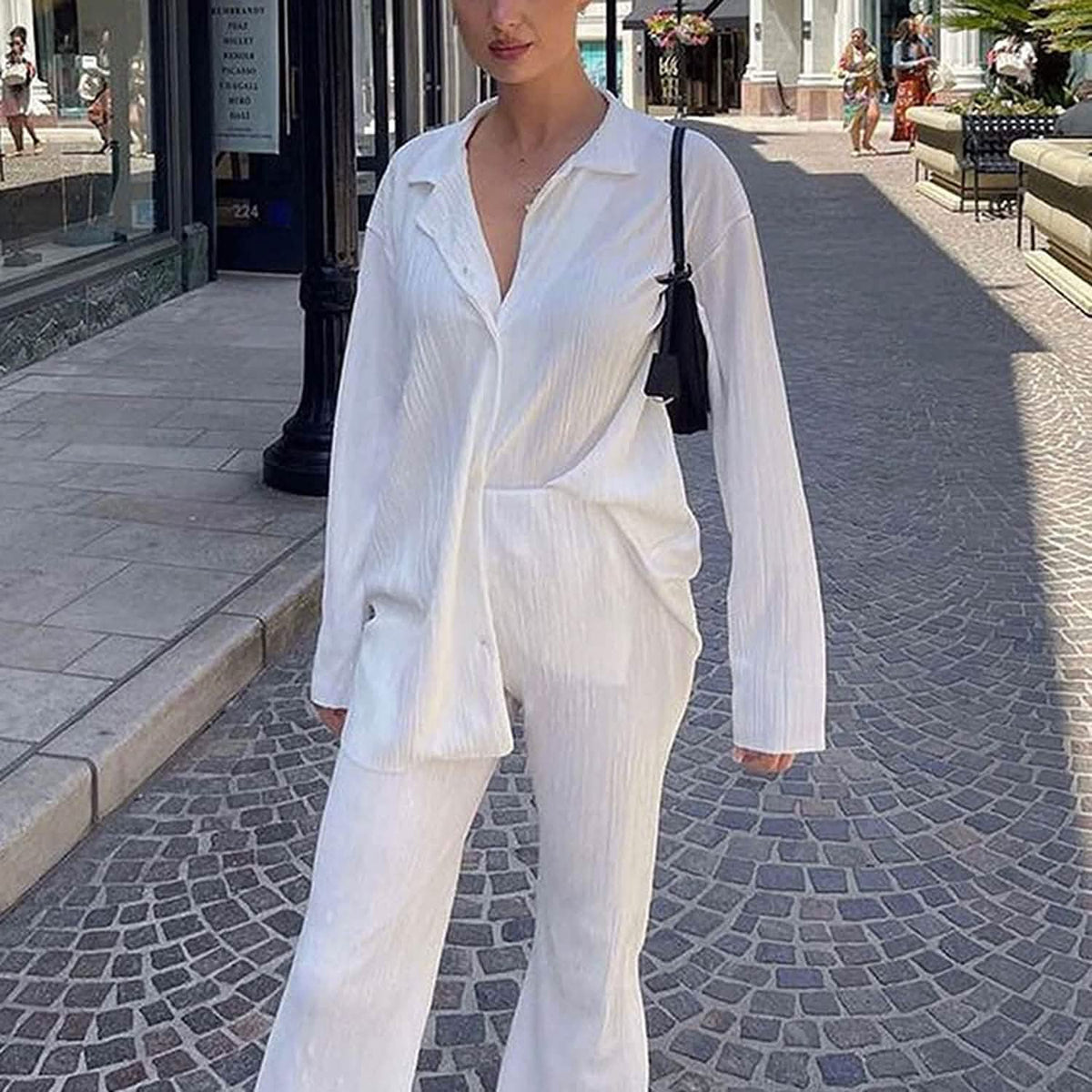 Women's Casual Long Sleeve Button Blouse Top Wide Leg Loose Streetwear Loungewear