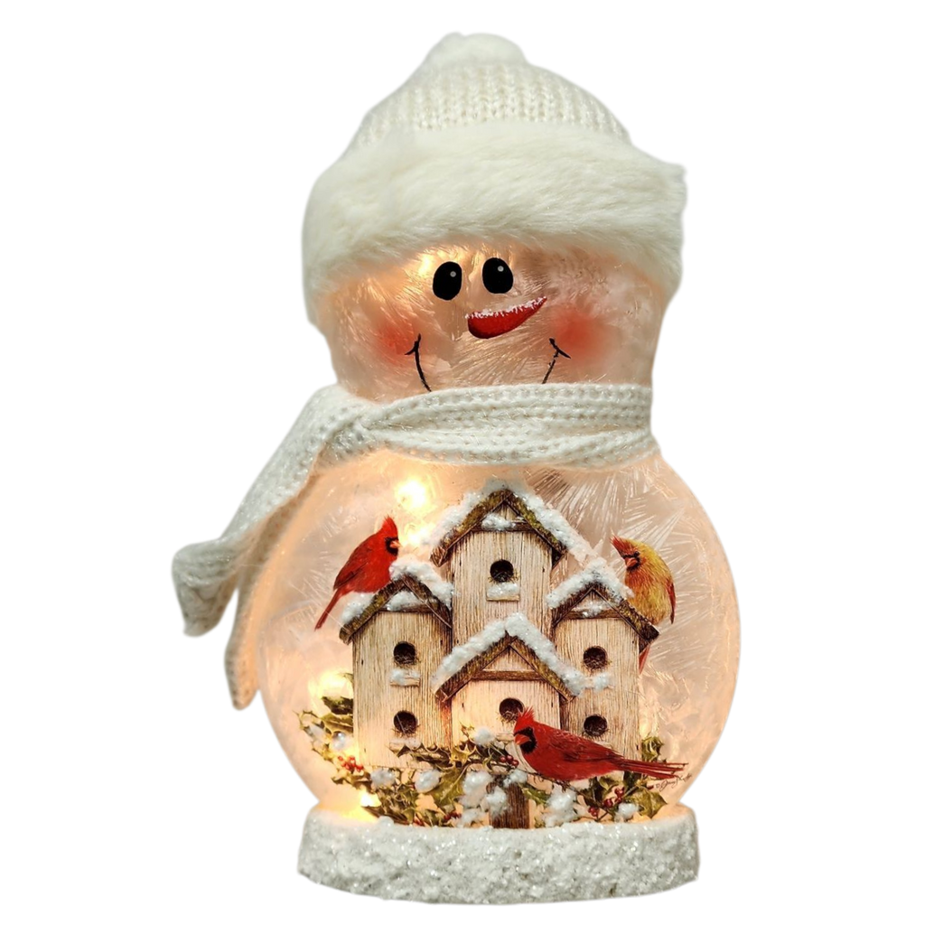 9.5 Inch Lighted Cardinal Glass Snowman - Bird Condo