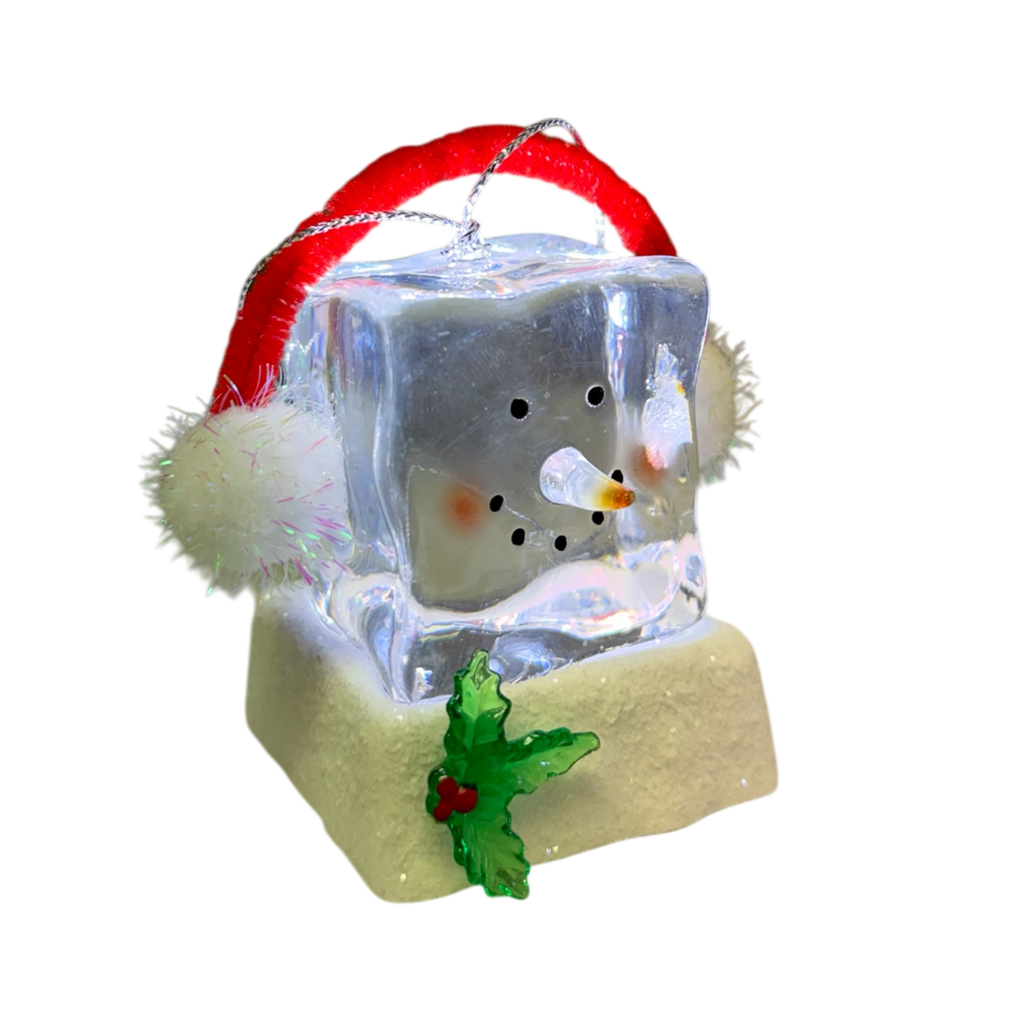 Lighted Snowman Cube with Earmuffs Ornament