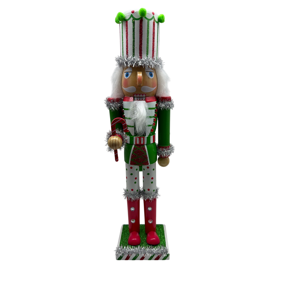 Red White and Green Nutcracker With Striped Hat